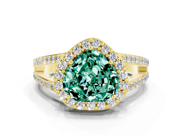 Yellow gold Heart Cut Green Sapphire Halo Ring with Split Shank U-Prong Band and Four-Prong Setting