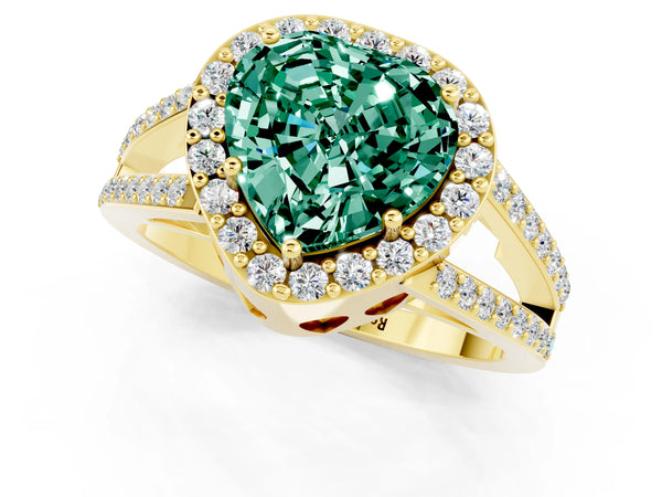Yellow gold Heart Cut Green Sapphire Halo Ring with Split Shank U-Prong Band and Four-Prong Setting