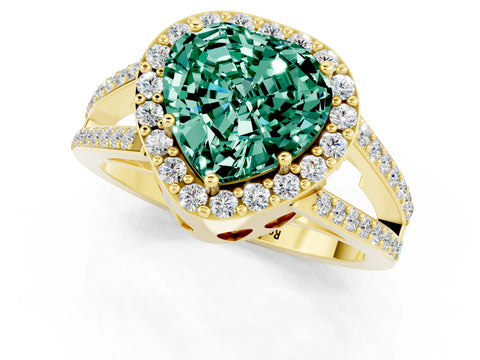Yellow gold Heart Cut Green Sapphire Halo Ring with Split Shank U-Prong Band and Four-Prong Setting_1