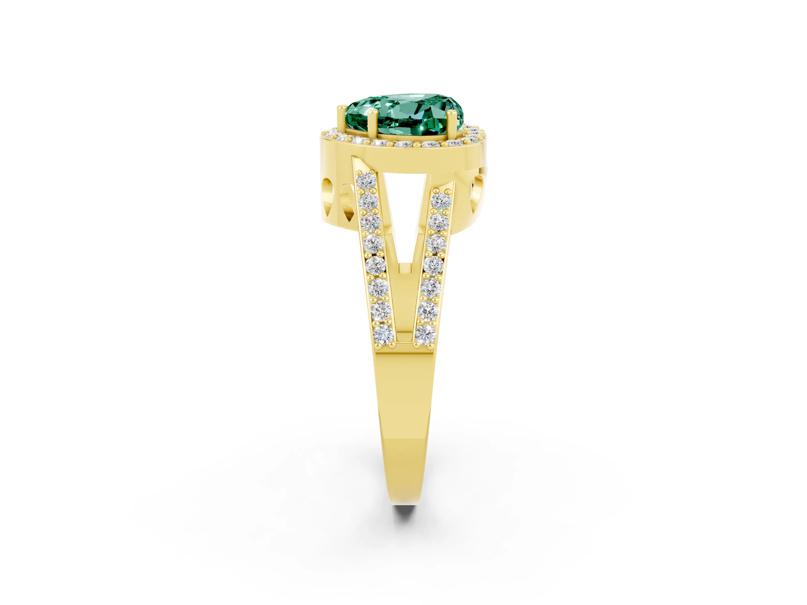 Yellow gold Heart Cut Green Sapphire Halo Ring with Split Shank U-Prong Band and Four-Prong Setting_2
