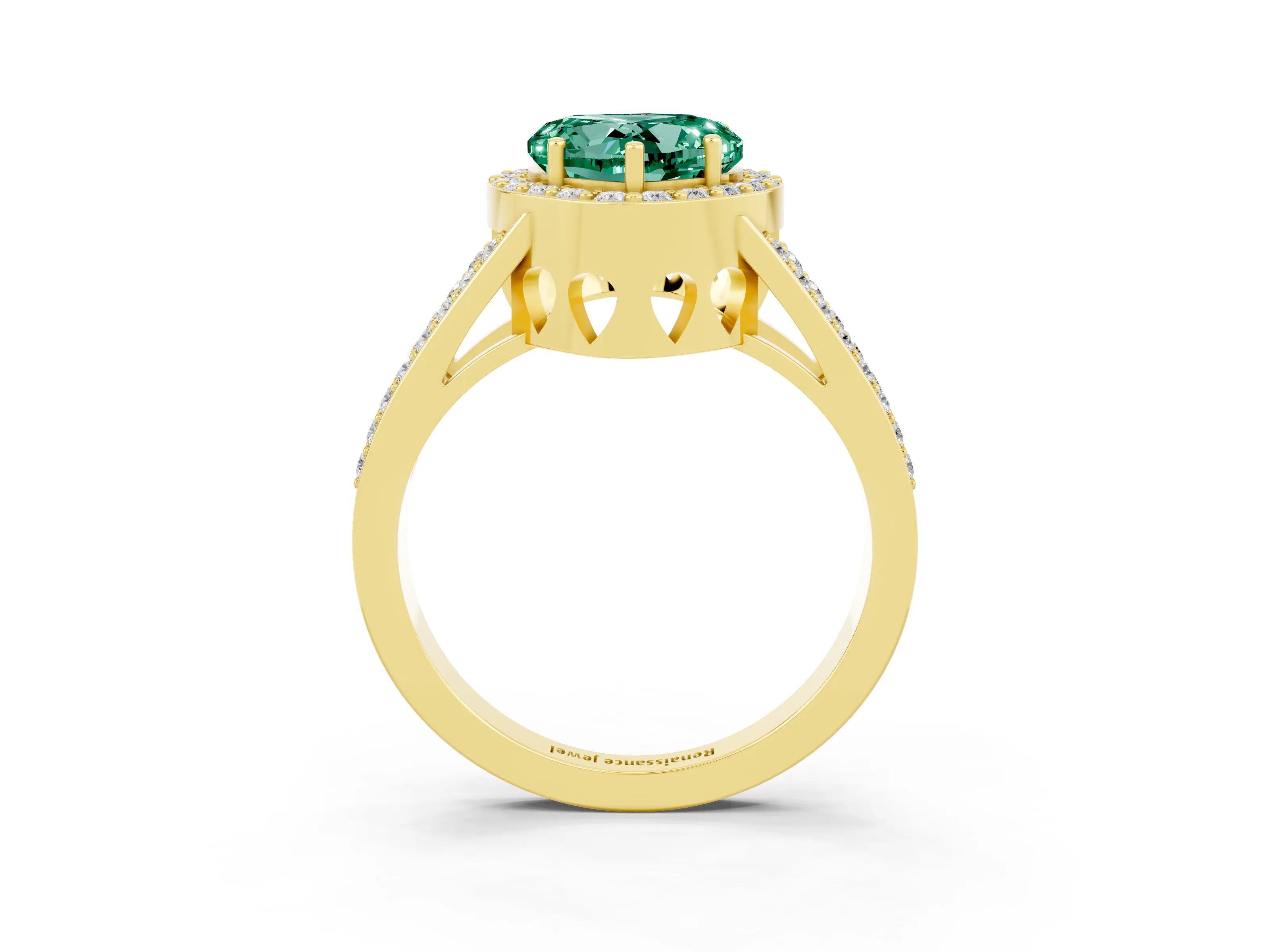 Yellow gold Heart Cut Green Sapphire Halo Ring with Split Shank U-Prong Band and Four-Prong Setting_3