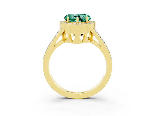 Yellow gold Heart Cut Green Sapphire Halo Ring with Split Shank U-Prong Band and Four-Prong Setting