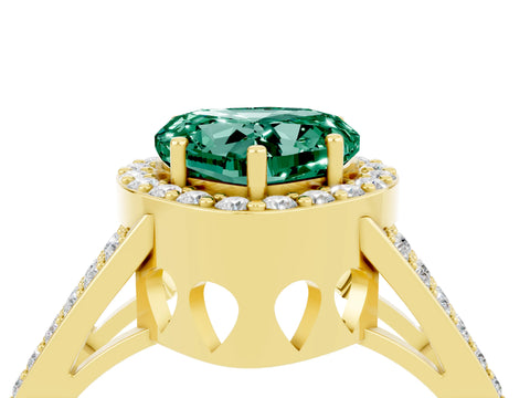Yellow gold Heart Cut Green Sapphire Halo Ring with Split Shank U-Prong Band and Four-Prong Setting_4