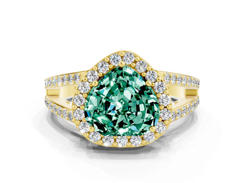 Yellow gold Heart Cut Green Sapphire Halo Ring with Split Shank U-Prong Band and Four-Prong Setting