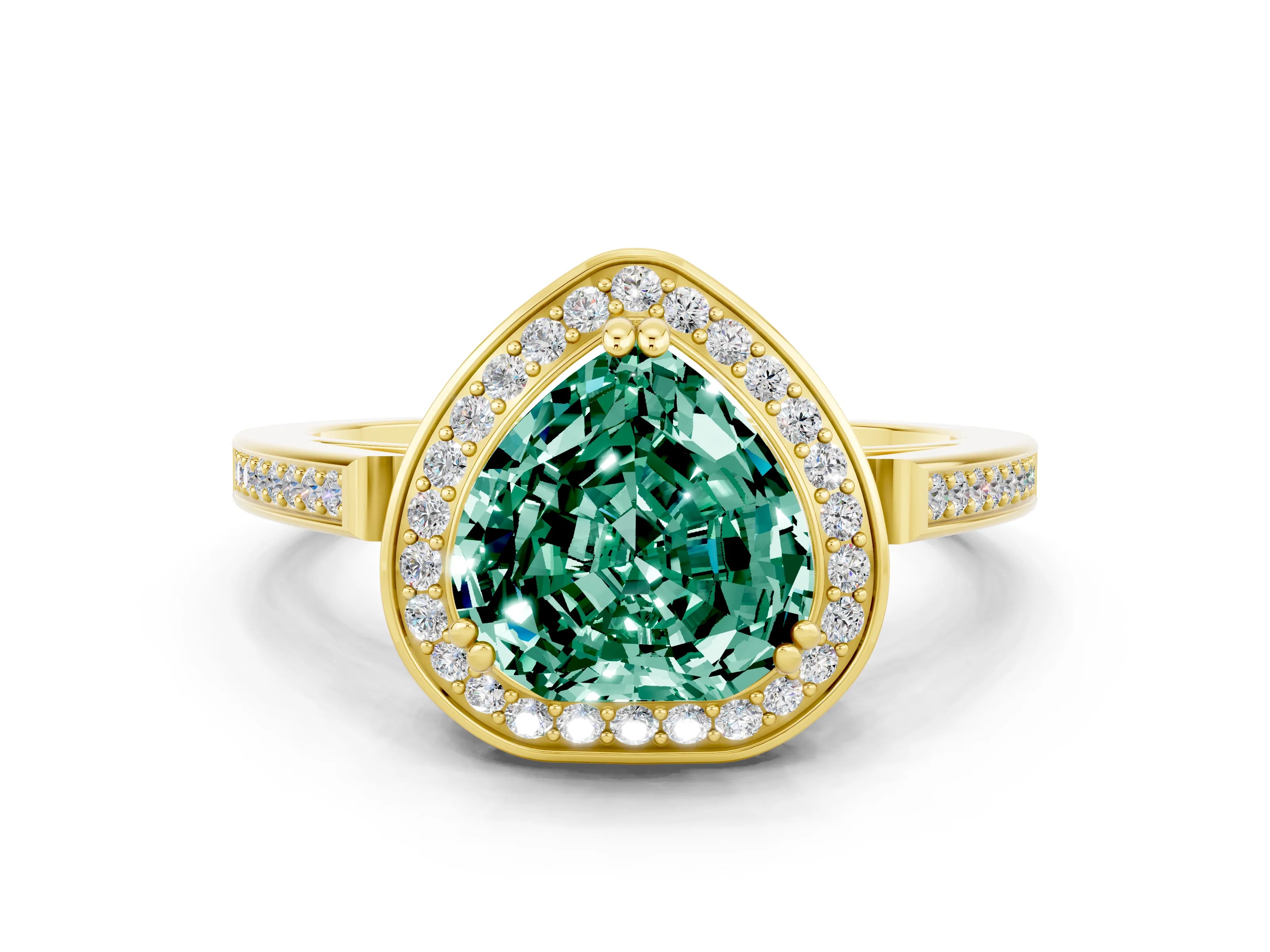 Yellow gold Heart Cut Green Sapphire Halo Ring with Split Shank and Four-Prong Setting