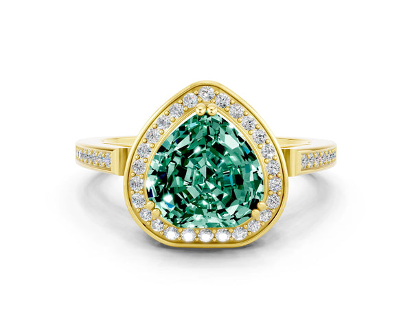 Yellow gold Heart Cut Green Sapphire Halo Ring with Split Shank and Four-Prong Setting