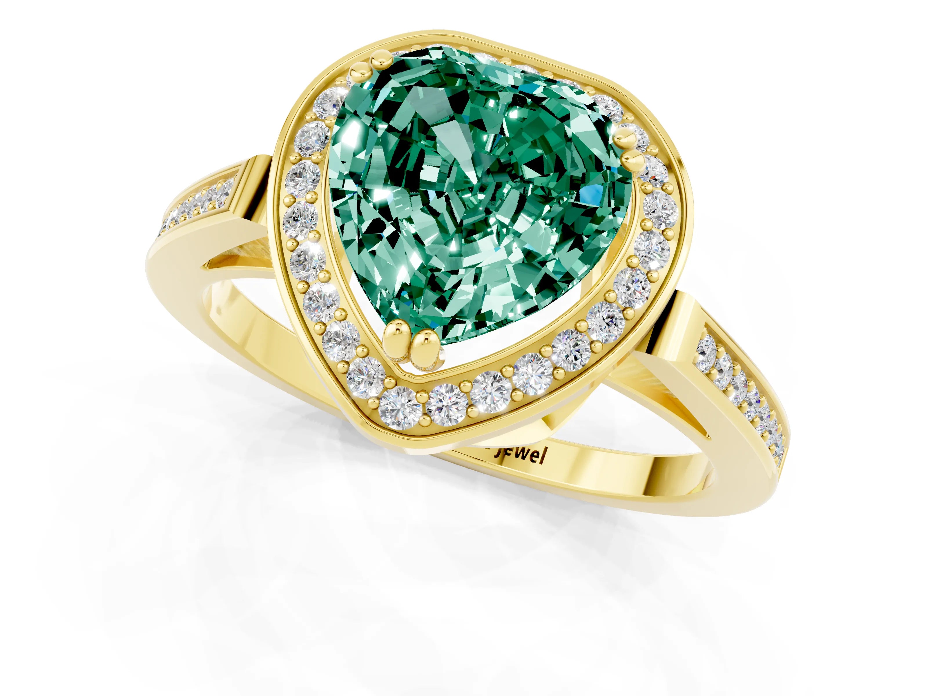 Yellow gold Heart Cut Green Sapphire Halo Ring with Split Shank and Four-Prong Setting_1