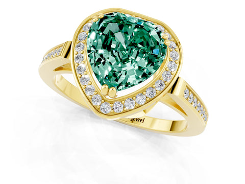 Yellow gold Heart Cut Green Sapphire Halo Ring with Split Shank and Four-Prong Setting_1