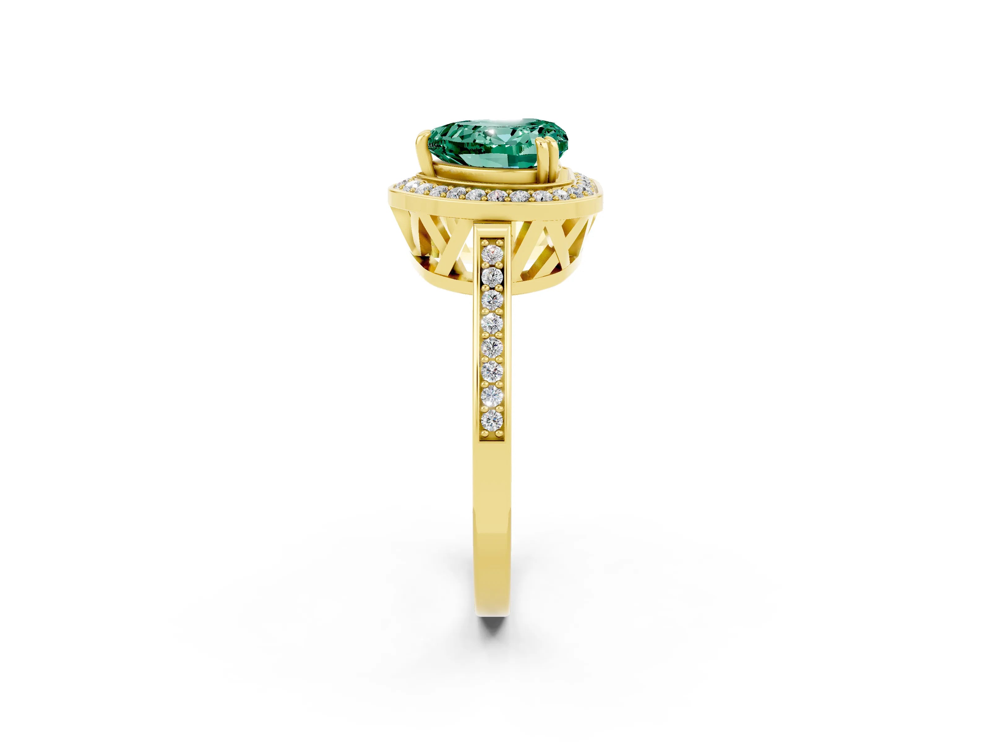 Yellow gold Heart Cut Green Sapphire Halo Ring with Split Shank and Four-Prong Setting_2
