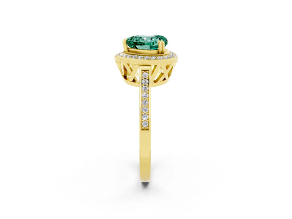 Yellow gold Heart Cut Green Sapphire Halo Ring with Split Shank and Four-Prong Setting