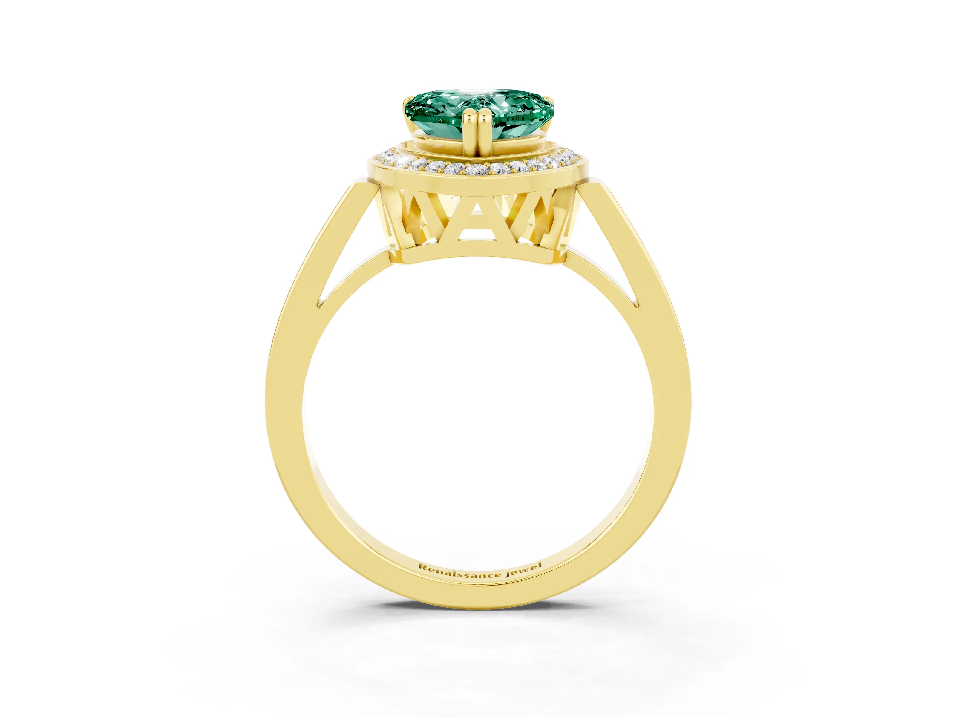 Yellow gold Heart Cut Green Sapphire Halo Ring with Split Shank and Four-Prong Setting_3