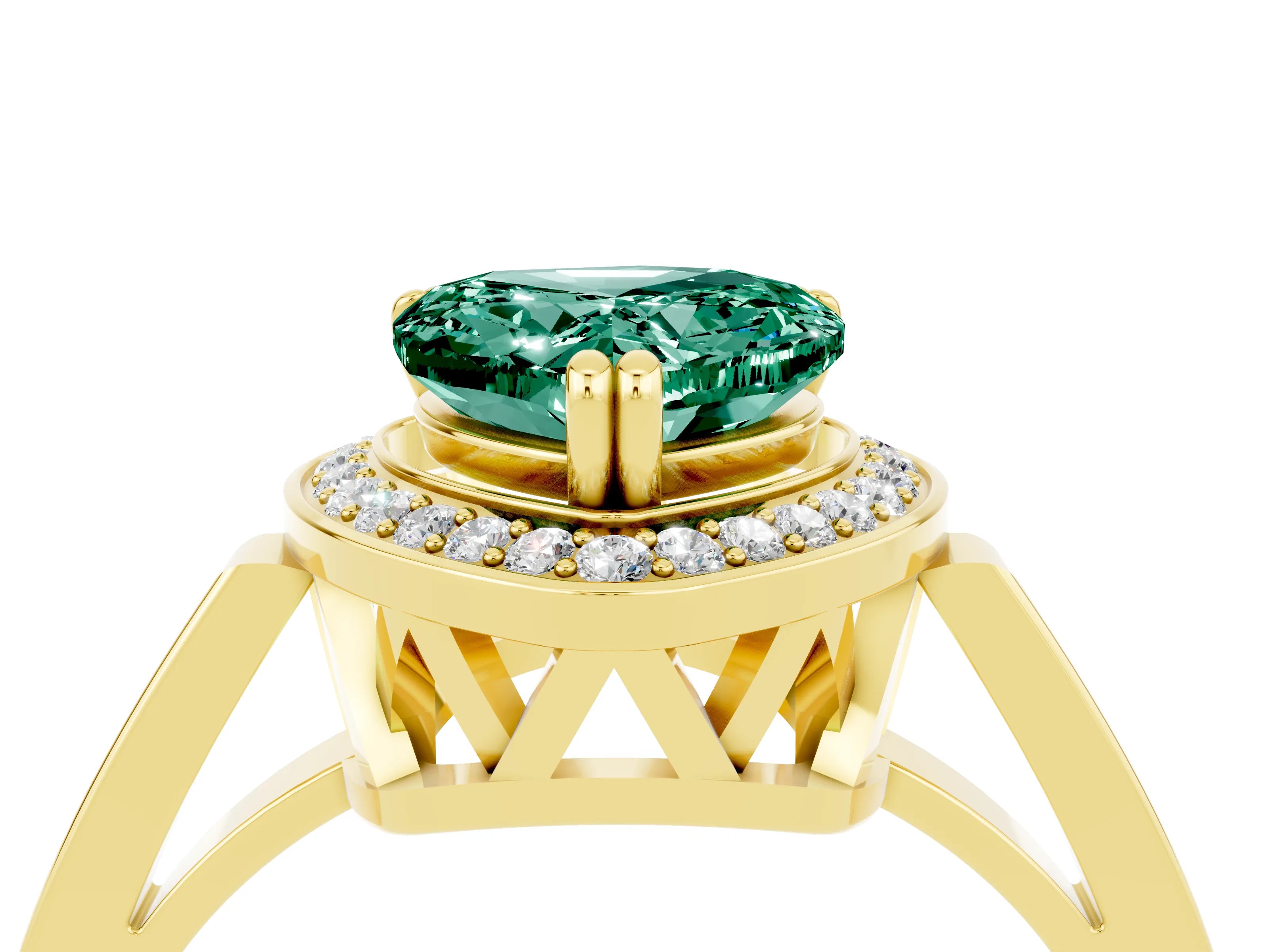 Yellow gold Heart Cut Green Sapphire Halo Ring with Split Shank and Four-Prong Setting_4