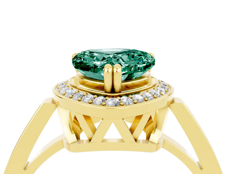 Yellow gold Heart Cut Green Sapphire Halo Ring with Split Shank and Four-Prong Setting_4