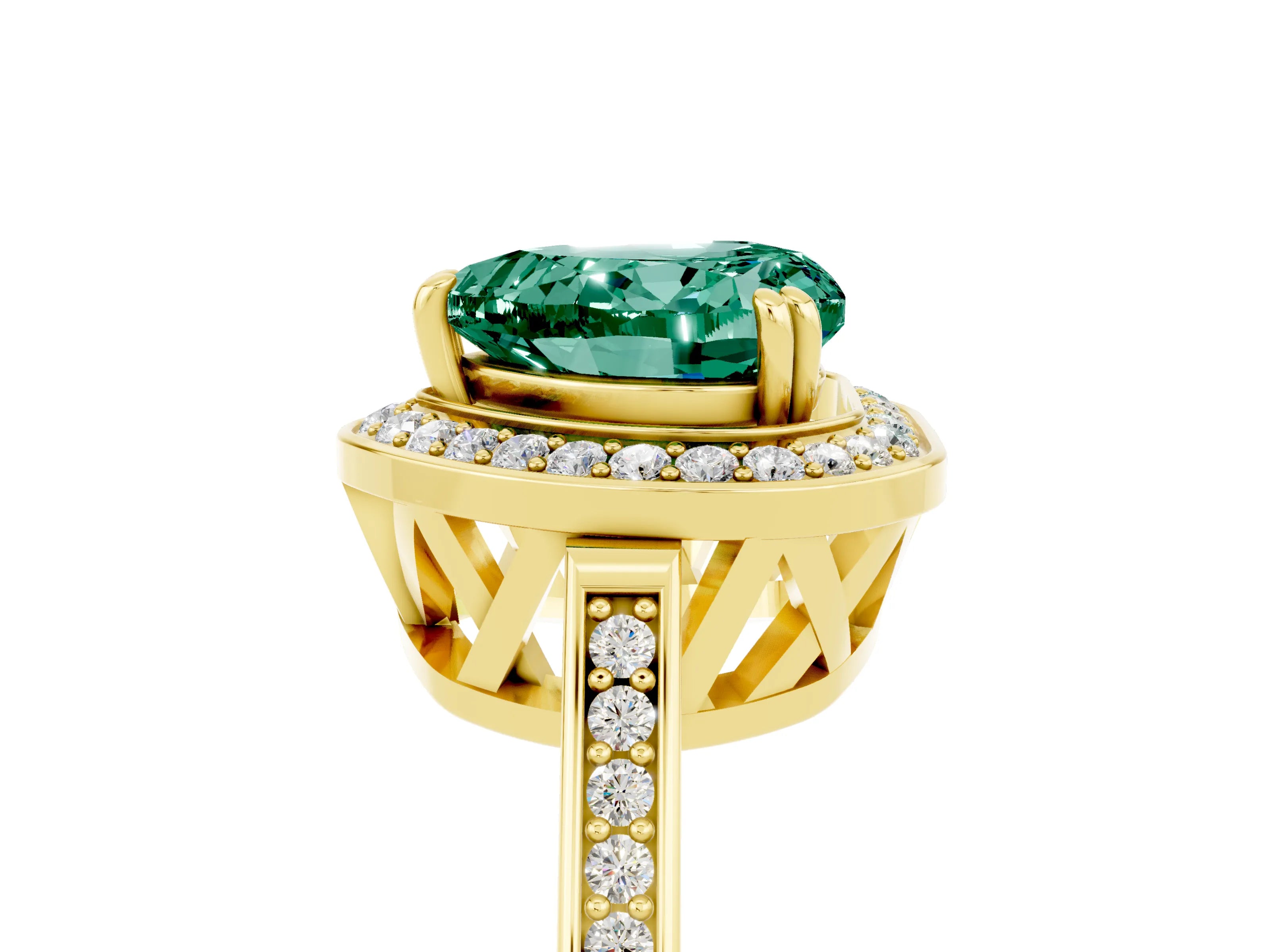 Yellow gold Heart Cut Green Sapphire Halo Ring with Split Shank and Four-Prong Setting_5