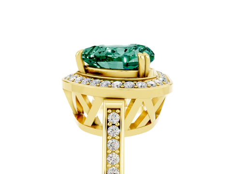 Yellow gold Heart Cut Green Sapphire Halo Ring with Split Shank and Four-Prong Setting_5