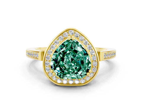 Yellow gold Heart Cut Green Sapphire Halo Ring with Split Shank and Four-Prong Setting
