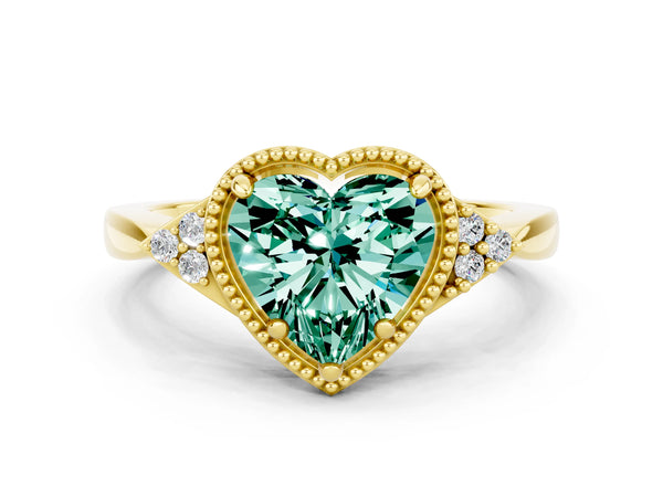 Yellow gold Heart Cut Green Sapphire Halo Ring with Tapered Band and Four-Prong Setting