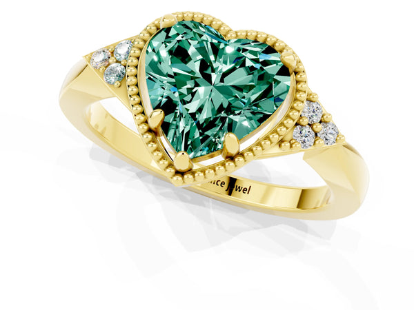 Yellow gold Heart Cut Green Sapphire Halo Ring with Tapered Band and Four-Prong Setting