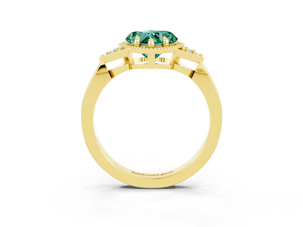 Yellow gold Heart Cut Green Sapphire Halo Ring with Tapered Band and Four-Prong Setting