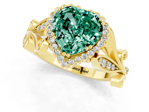 Yellow gold Heart Cut Green Sapphire Halo Ring with Vintage Split Shank and Four-Prong Setting