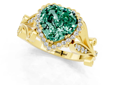 Yellow gold Heart Cut Green Sapphire Halo Ring with Vintage Split Shank and Four-Prong Setting_1