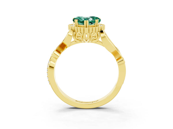 Yellow gold Heart Cut Green Sapphire Halo Ring with Vintage Split Shank and Four-Prong Setting