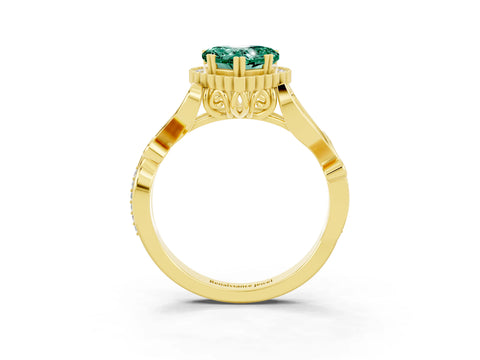 Yellow gold Heart Cut Green Sapphire Halo Ring with Vintage Split Shank and Four-Prong Setting_3