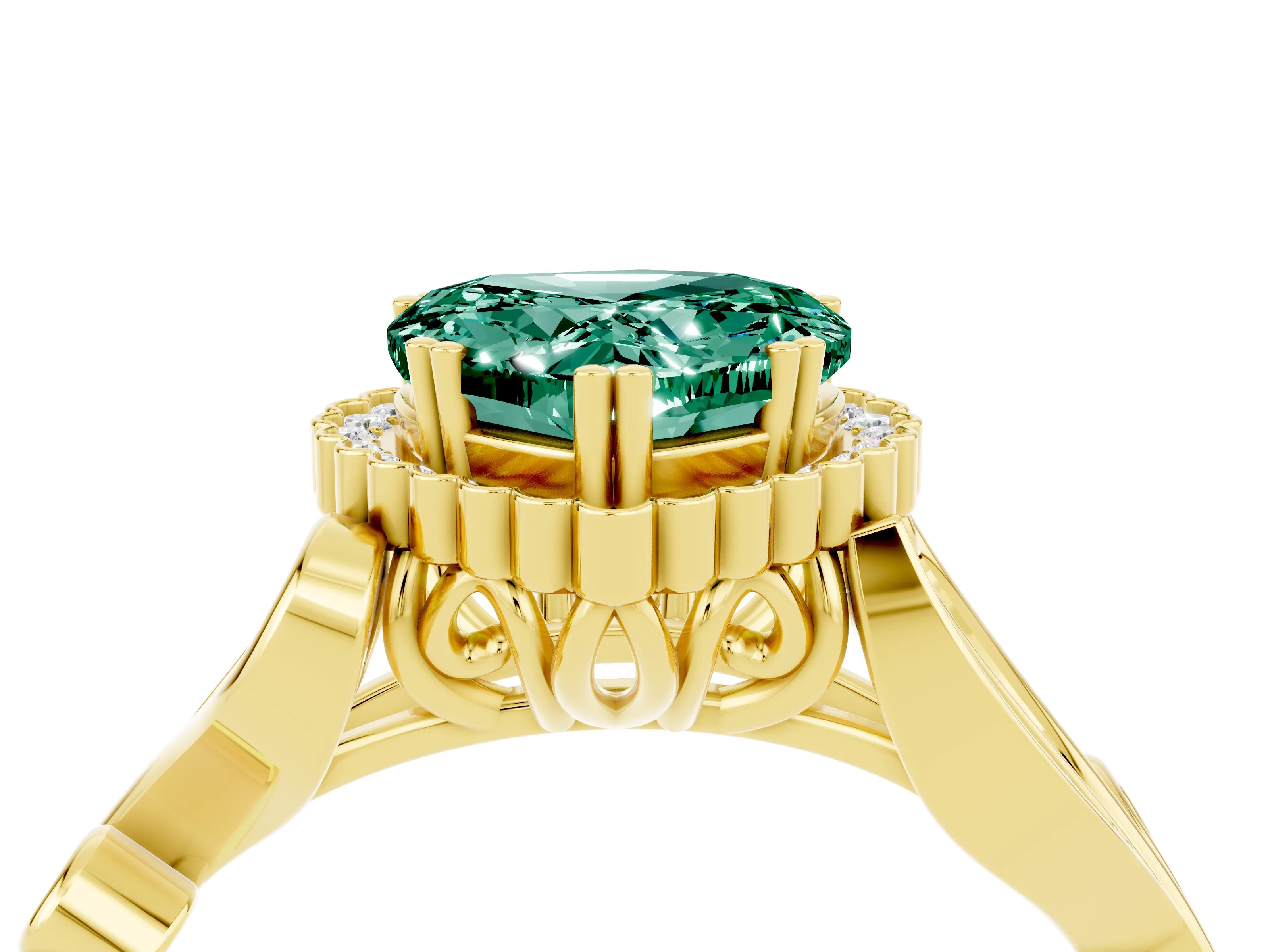 Yellow gold Heart Cut Green Sapphire Halo Ring with Vintage Split Shank and Four-Prong Setting_4