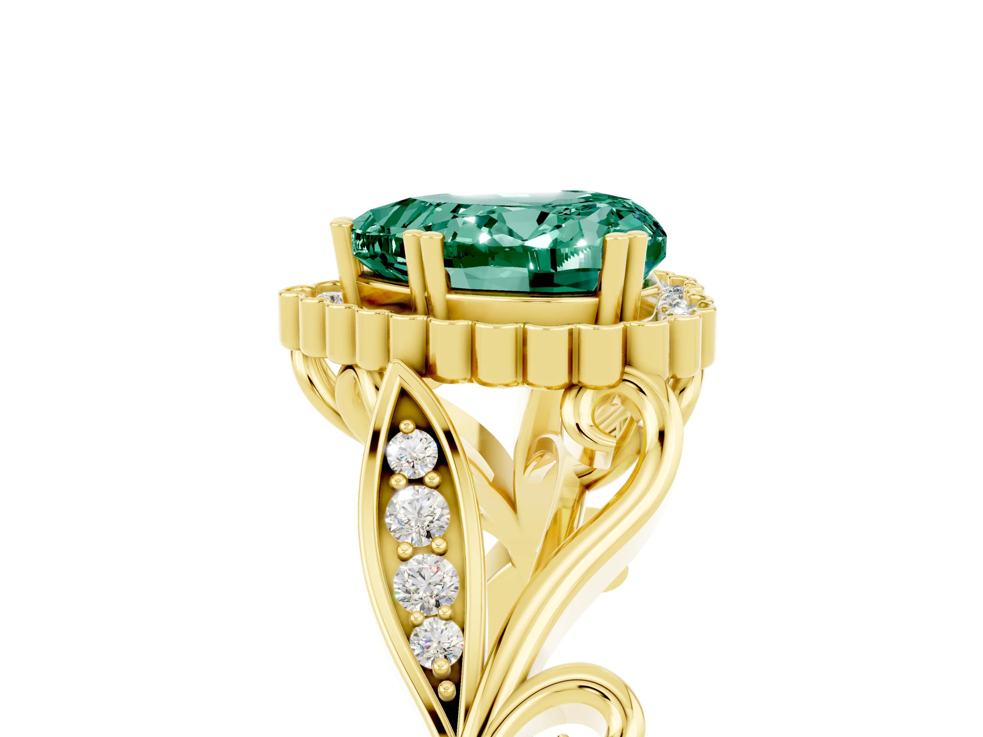 Yellow gold Heart Cut Green Sapphire Halo Ring with Vintage Split Shank and Four-Prong Setting_5