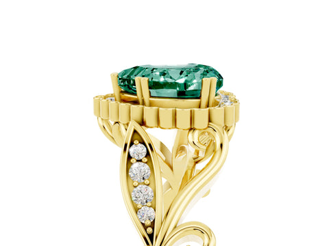 Yellow gold Heart Cut Green Sapphire Halo Ring with Vintage Split Shank and Four-Prong Setting_5