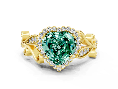 Yellow gold Heart Cut Green Sapphire Halo Ring with Vintage Split Shank and Four-Prong Setting