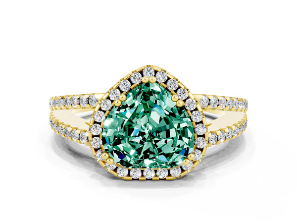 Yellow gold Heart Cut Green Sapphire Halo Split Shank Engagement Ring