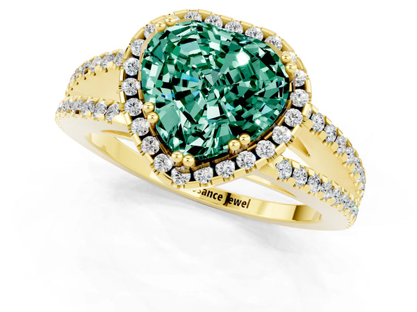 Yellow gold Heart Cut Green Sapphire Halo Split Shank Engagement Ring