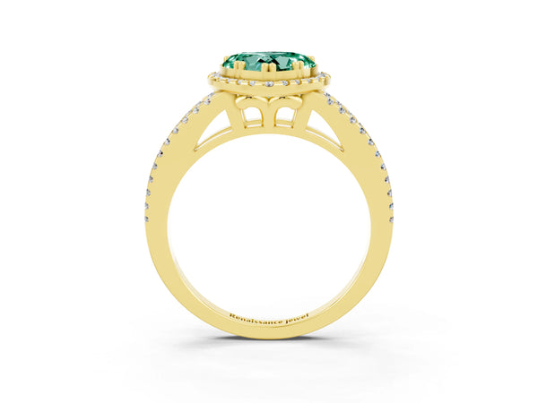 Yellow gold Heart Cut Green Sapphire Halo Split Shank Engagement Ring