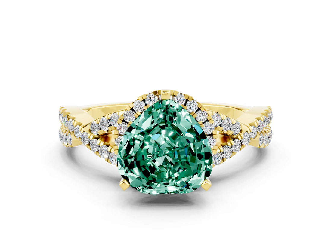 Yellow gold Heart Cut Green Sapphire Halo Twist Band Solitaire Prong Setting Ring