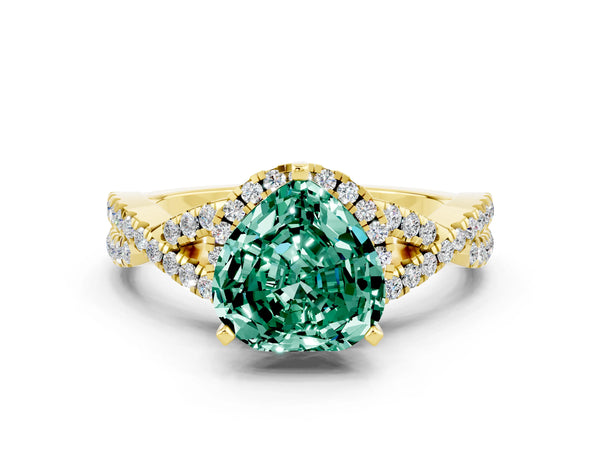 Yellow gold Heart Cut Green Sapphire  Halo Twist Band Solitaire Prong Setting Ring