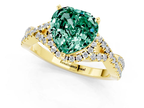 Yellow gold Heart Cut Green Sapphire Halo Twist Band Solitaire Prong Setting Ring_1