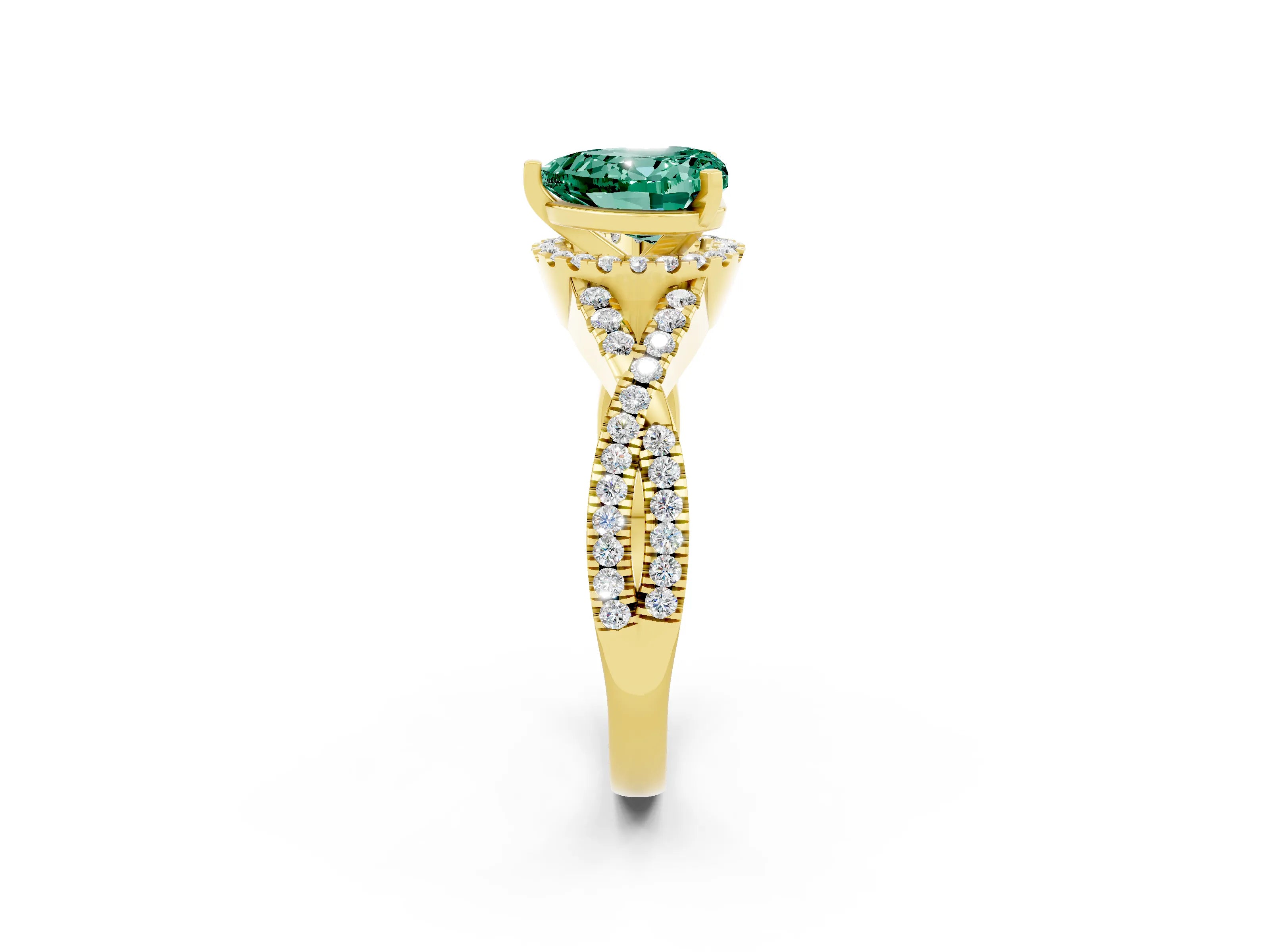 Yellow gold Heart Cut Green Sapphire Halo Twist Band Solitaire Prong Setting Ring_2