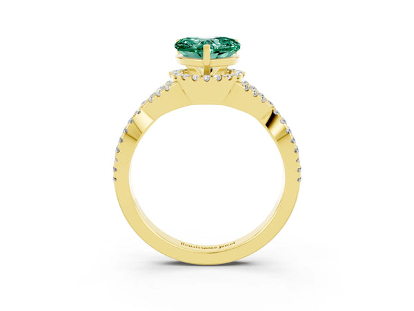 Yellow gold Heart Cut Green Sapphire  Halo Twist Band Solitaire Prong Setting Ring