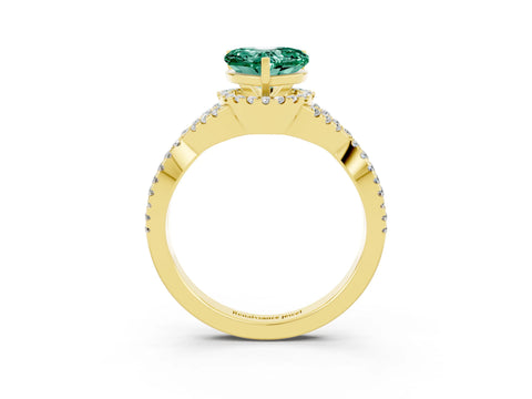 Yellow gold Heart Cut Green Sapphire Halo Twist Band Solitaire Prong Setting Ring_3