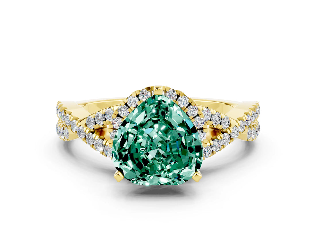 Yellow gold Heart Cut Green Sapphire  Halo Twist Band Solitaire Prong Setting Ring_42