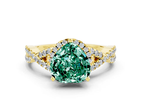 Yellow gold Heart Cut Green Sapphire Halo Twist Band Solitaire Prong Setting Ring
