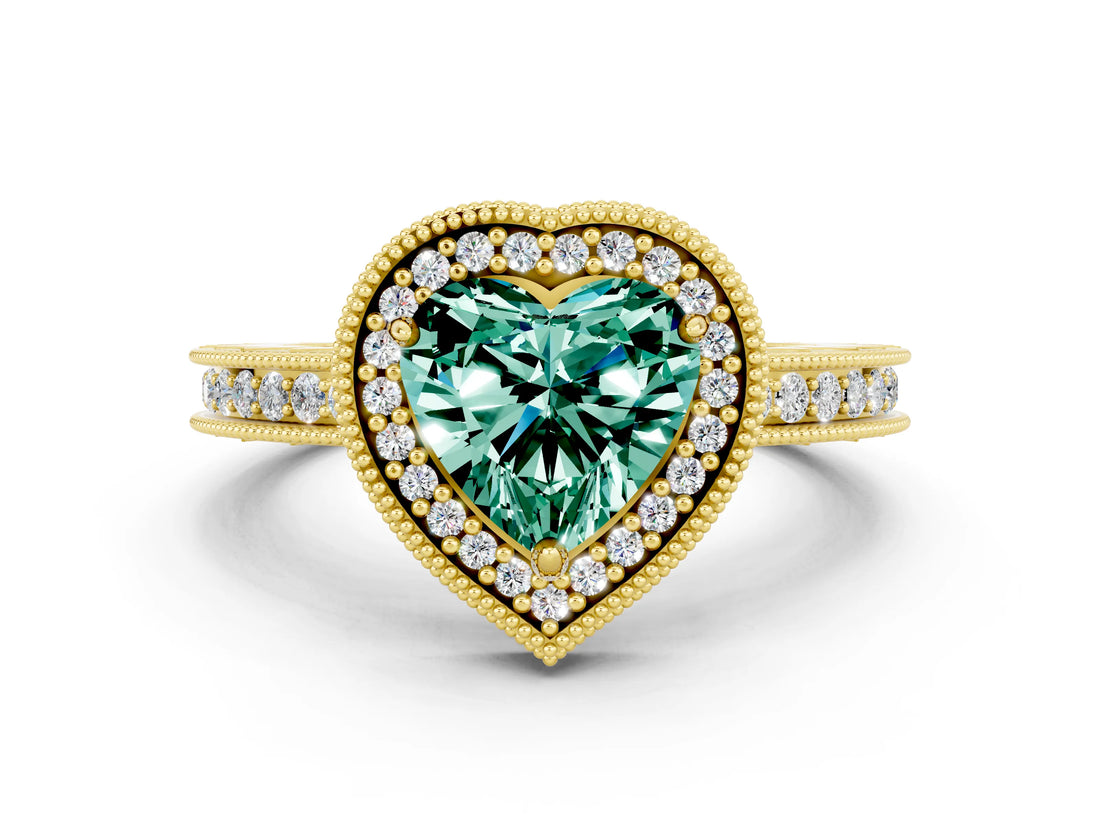Yellow gold Heart Cut Green Sapphire Milgrain Halo Engagement Ring with Round Pavé Band and Prong Setting_12