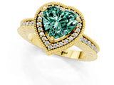 Yellow gold Heart Cut Green Sapphire Milgrain Halo Engagement Ring with Round Pavé Band and Prong Setting_13