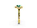 Yellow gold Heart Cut Green Sapphire Milgrain Halo Engagement Ring with Round Pavé Band and Prong Setting_14