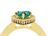 Yellow gold Heart Cut Green Sapphire Milgrain Halo Engagement Ring with Round Pavé Band and Prong Setting_16