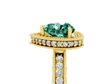 Yellow gold Heart Cut Green Sapphire Milgrain Halo Engagement Ring with Round Pavé Band and Prong Setting_17