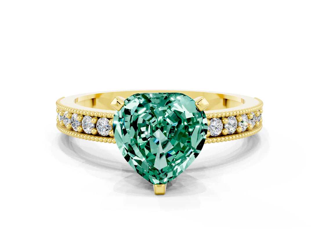 Yellow gold Heart Cut Green Sapphire Milgrain Pavé Engagement Ring with Four-Prong Setting_12