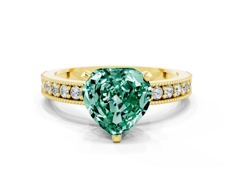 Yellow gold Heart Cut Green Sapphire Milgrain Pavé Engagement Ring with Four-Prong Setting_12