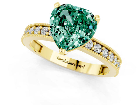 Yellow gold Heart Cut Green Sapphire Milgrain Pavé Engagement Ring with Four-Prong Setting_13
